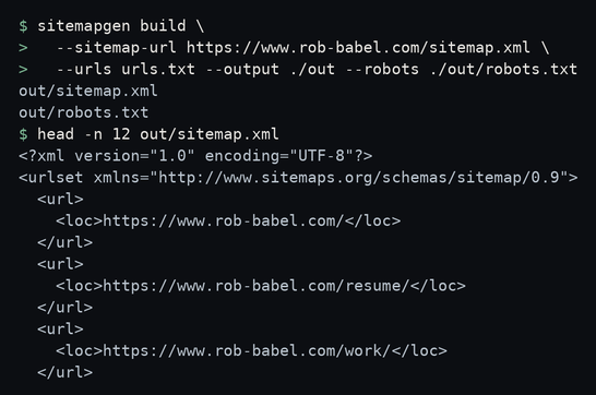 Terminal screenshot of sitemapgen writing a sitemap